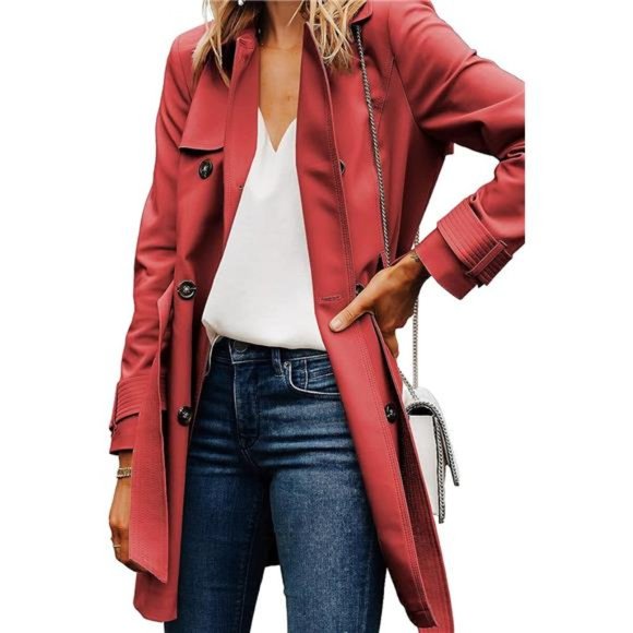Women Lapel Solid Button Down Blazer LongWindbreaker Trench Coat